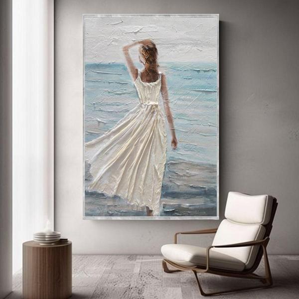 Beyaz Elbiseli Kadın Yağlı Boya Dokulu Tablo 50X70 Gümüş Çerçeveli - Image 1