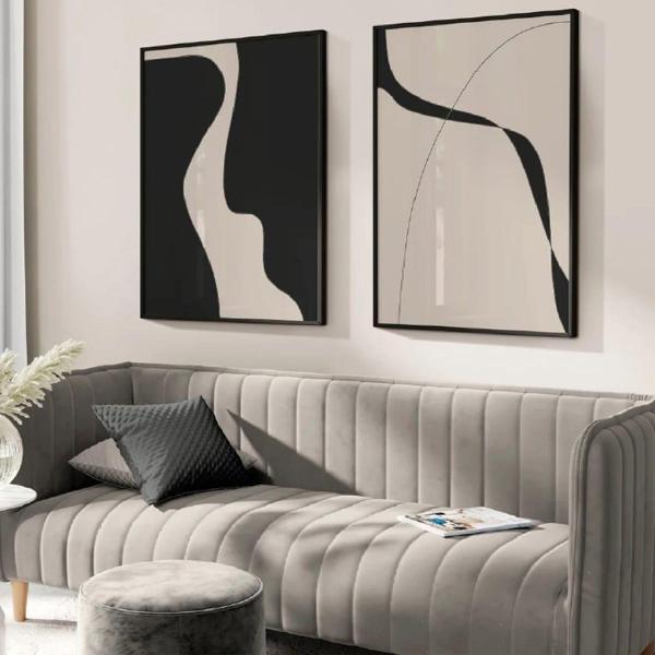 Black & Beige İkili Set Yağlı Boya Dokulu Tablo 50X70 Gold Çerçeveli - Image 1