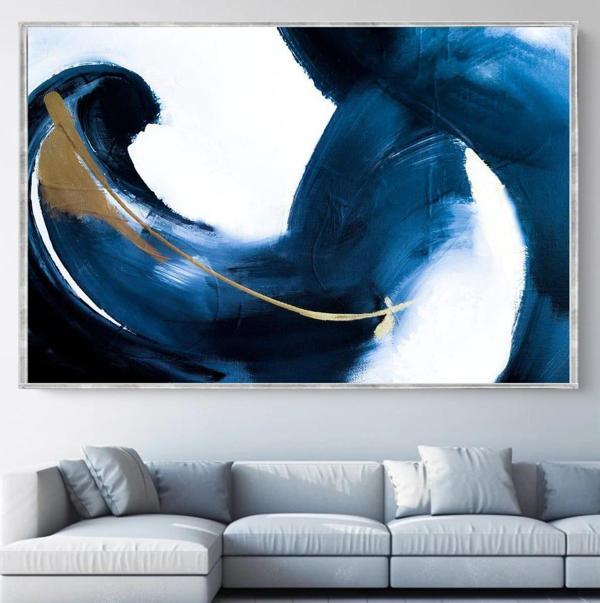 Blue Liquid Yağlı Boya Dokulu Tablo 100X100 Gümüş Çerçeveli - Image 1