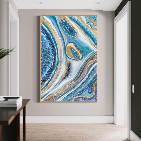 Blue Sparkle Yağlı Boya Dokulu Tablo 50X70 Siyah Çerçeveli - Image 1