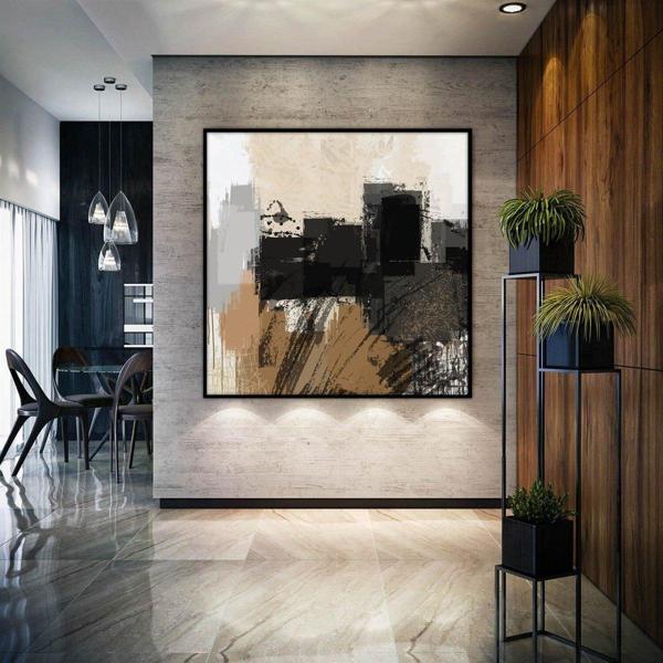 Cream To Black Harmony Yağlı Boya Dokulu Tablo 120X120 Gold Çerçeveli - Image 1
