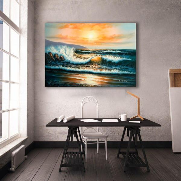 Denizde Gün Batımı Yağlı Boya Dokulu Tablo 50X70 Gümüş Çerçeveli - Image 1