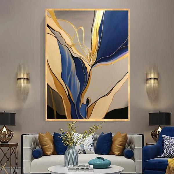 Elegant Navy Yağlı Boya Dokulu Tablo 100X150 Gold Çerçeveli - Image 1
