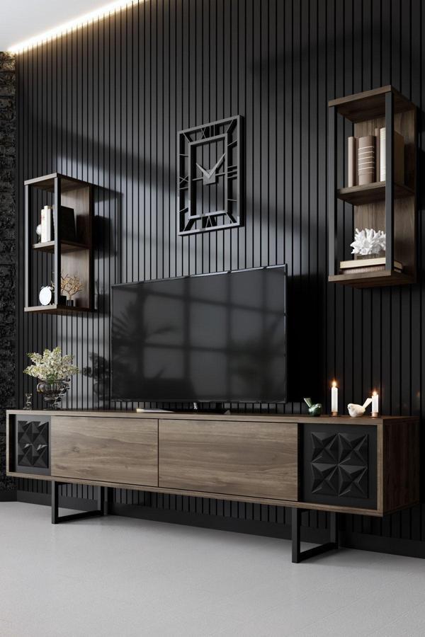 Modatte Black Line Demir Ayaklı Ceviz Tv Ünitesi Tv Sehpası - Image 1