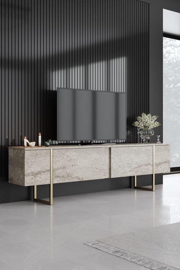 Modatte Luxe Tv Ünitesi Demir Ayaklı Mermer Gold - Image 1