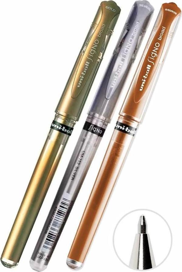 Altın Sarı Gümüş Gri ve Bakır Yaldız İmza Kalemi 3 Adet Uniball Signo 1.0 mm Roller Pilot Kalem Um-153 Davetiye Kalemi  - Image 1