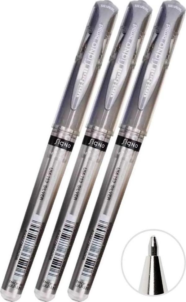 Gümüş Gri İmza Kalemi 3 Adet Uniball Signo Broad 1.0 mm Roller Pilot Kalem Um-153 Yaldızlı Davetiye Kalemi Mürekkepli - Image 1