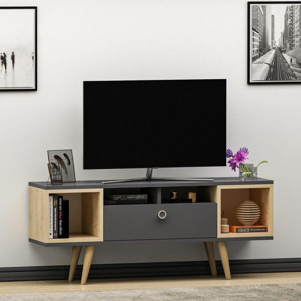 Mobilya Gezegeni Eta Ahşap Ayaklı Tv Ünitesi 120Cm Antrasit - Safir Meşe - Image 1