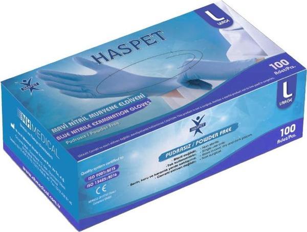 Haspet Nitril Muayene Eldiveni 100'lü L Büyük Boy Mavi - Image 1
