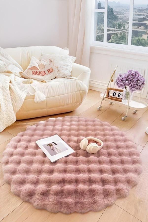Bubble Yuvarlak Pembe Uzun Tüylü Yumuşak Peluş Kaymaz Yıkanabilir Salon Oturma Odası Balkon Halısı - Image 1