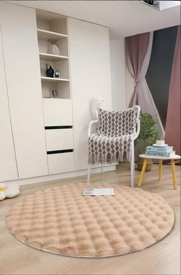 Bubble Yuvarlak Açık Bej Uzun Tüylü Yumuşak Peluş Kaymaz Yıkanabilir Salon Oturma Odası Balkon Halı - Image 1