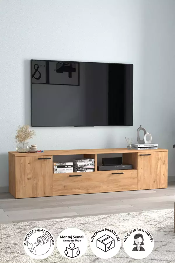 BOFİGO TV ÜNİTESİ 180 CM TV SEHPASI DÜŞER KAPAKLI TV ÜNİTESİ TELEVİZYON SEHPASI GİRİT ÇAM - Image 1