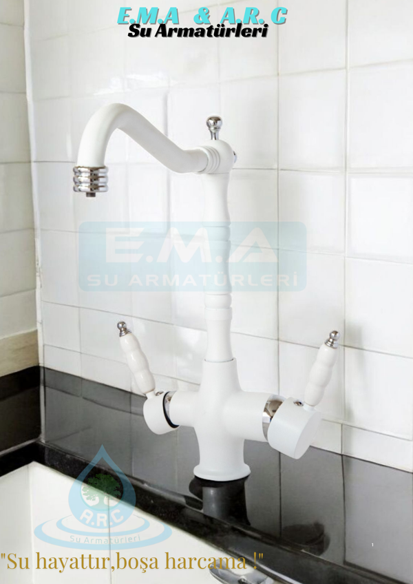 Arıtmalı Rustik Mutfak Evye Bataryası Beyaz-Krom - Image 1