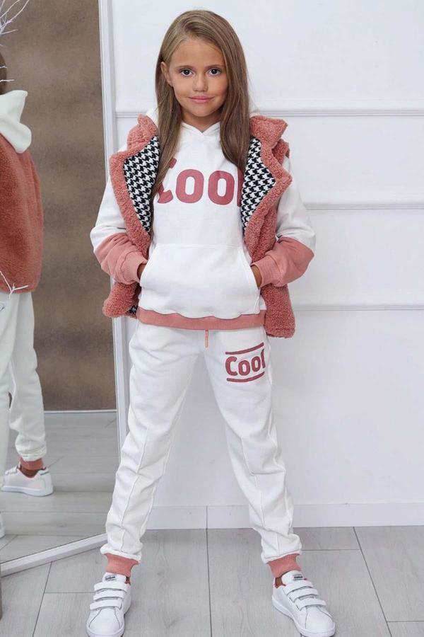 Kız Çocuk Cool Baskılı Kapüşonlu Sweatshirt ve Peluş Yelekli Turuncu Eşofman Takım - Image 1