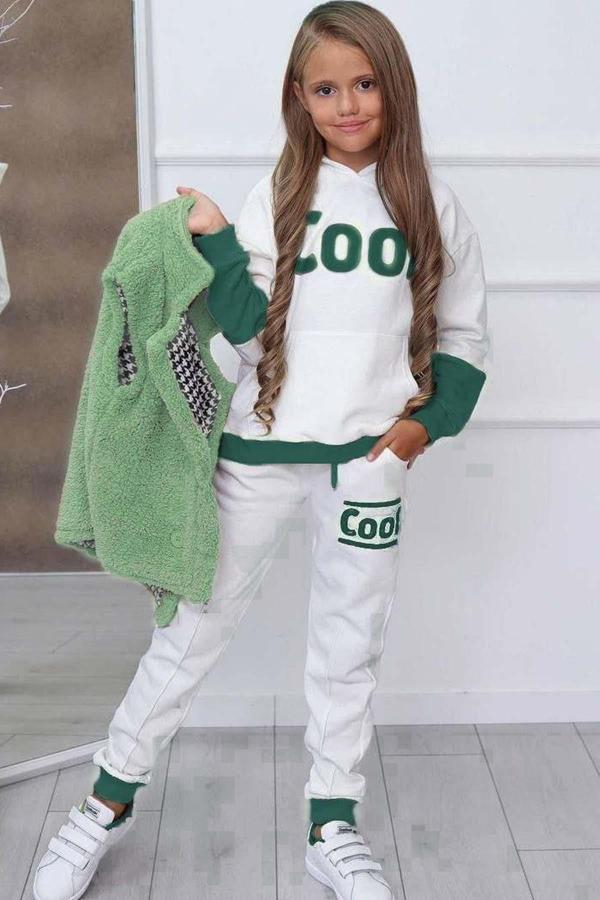 Kız Çocuk Cool Baskılı Kapüşonlu Sweatshirt ve Peluş Yelekli Yeşil Eşofman Takım - Image 1