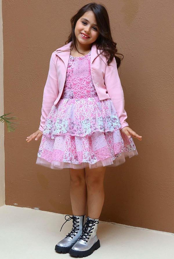 Kız Çocuk Blazer Ceketli Çiçek Baskılı Katkat Tüllü Sıfır Kol Pembe Elbise - Image 1