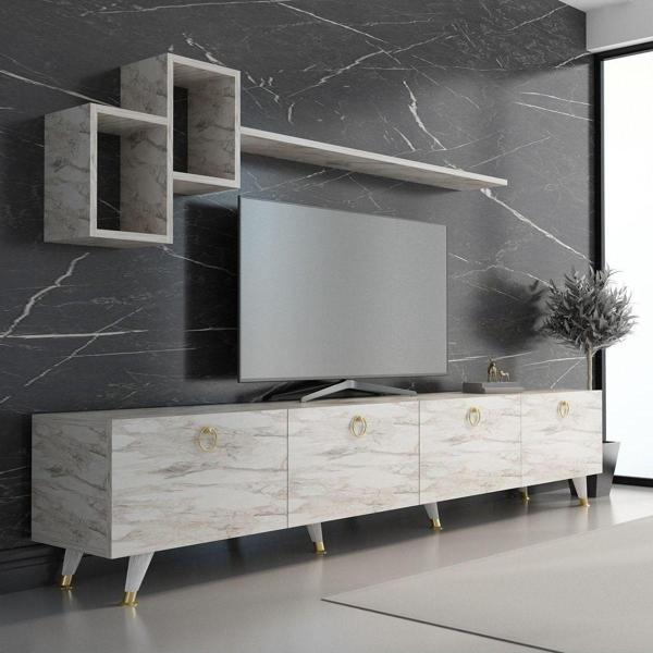 Mobilya Gezegeni Meer Gold Tv Ünitesi 210 Cm Efes Mermer - Image 1