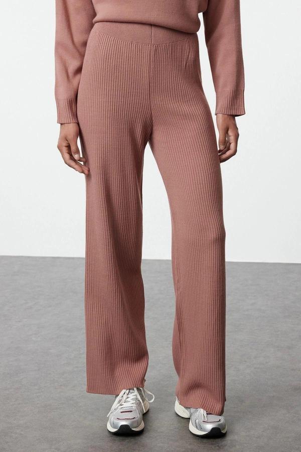 Tarz Kadın Modern Moda Normal Bel Geniş Paça Dik Yaka Fitilli Örgü Basic Triko Alt-Üst Takım - Image 1