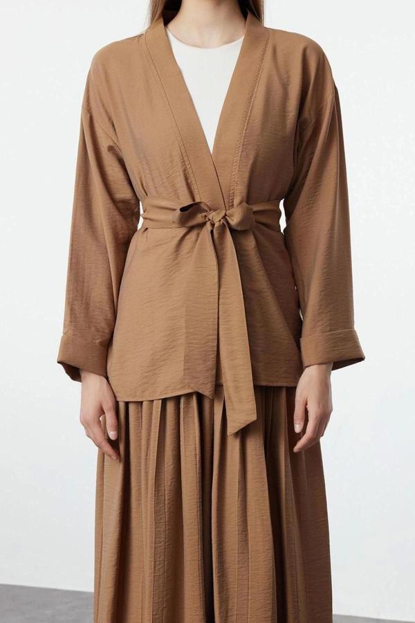 Tarz Kadın Modern Moda Normal Bel Boru Paça V Yaka Kuşaklı Kimono-Piliseli Etek Dokuma Alt-Üst Takım - Image 1