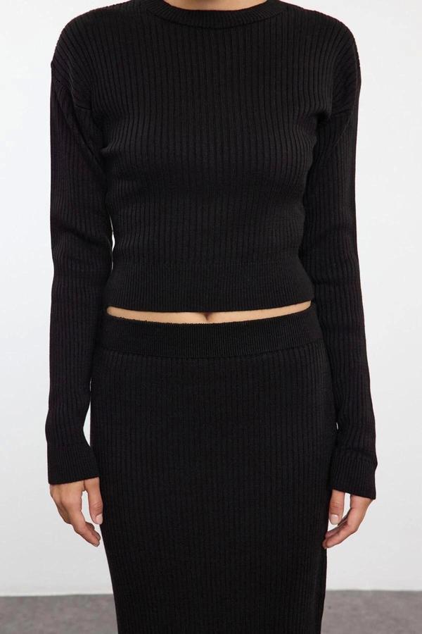 Tarz Kadın Modern Moda Normal Bel Geniş Paça Bisiklet Yaka Crop Triko Alt-Üst Takım - Image 1