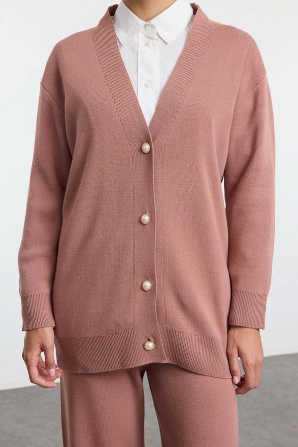 Tarz Kadın Modern Moda Normal Bel Boru Paça V Yaka İnci Düğmeli Hırka-Pantolon Triko Alt-Üst Takım - Image 1