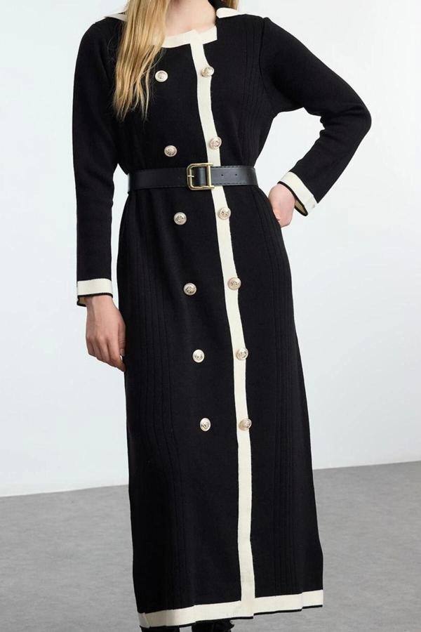 Moda Stil Fitted Ceket Yaka Uzun Tesettür Kemerli Triko Renk Bloklu Elbise - Image 1