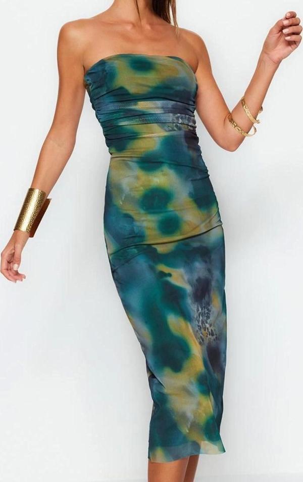 Moda Stil Slim Straplez Midi Boy Vücuda Oturan Örme Tül Şık Abiye Elbise - Image 1