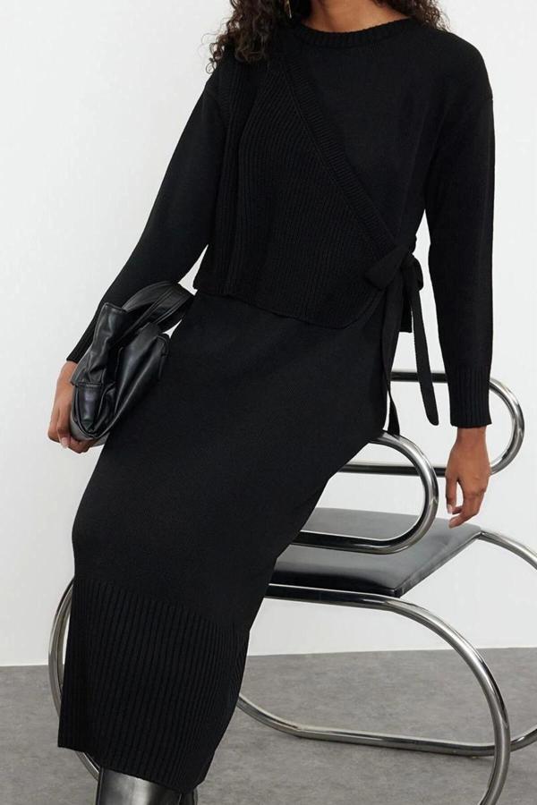 Tarz Kadın Modern Moda Normal Bel Boru Paça Dik Yaka Triko Hırka Elbise Alt-Üst Takım - Image 1