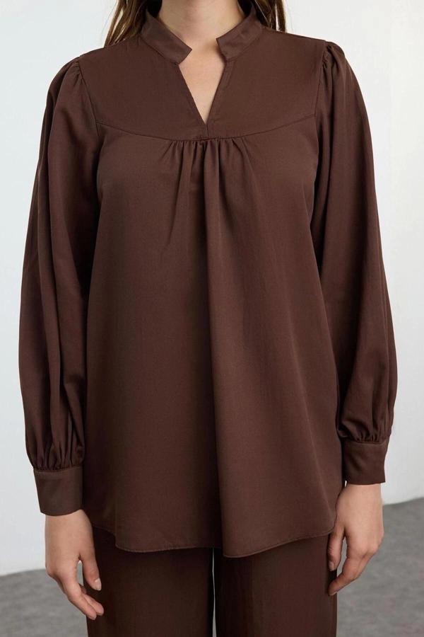 Tarz Kadın Modern Moda Normal Bel Boru Paça V Yaka Poplin Kuşaklı Alt-Üst Takım - Image 1