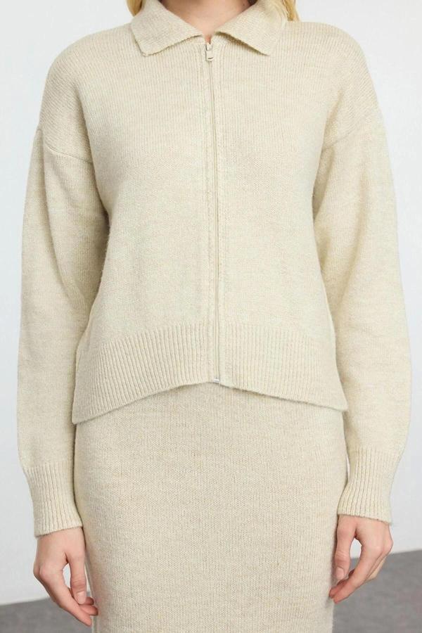 Tarz Kadın Modern Moda Normal Bel Boru Paça Polo Yaka Fermuarlı Yumuşak Dokulu Triko Alt-Üst Takım - Image 1