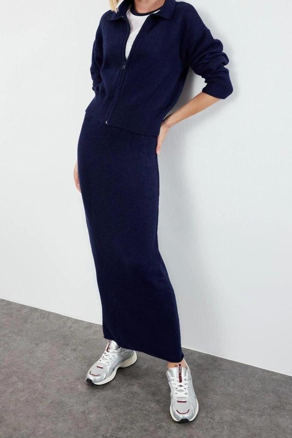 Tarz Kadın Modern Moda Normal Bel Boru Paça Polo Yaka Fermuarlı Yumuşak Dokulu Triko Alt-Üst Takım - Image 1