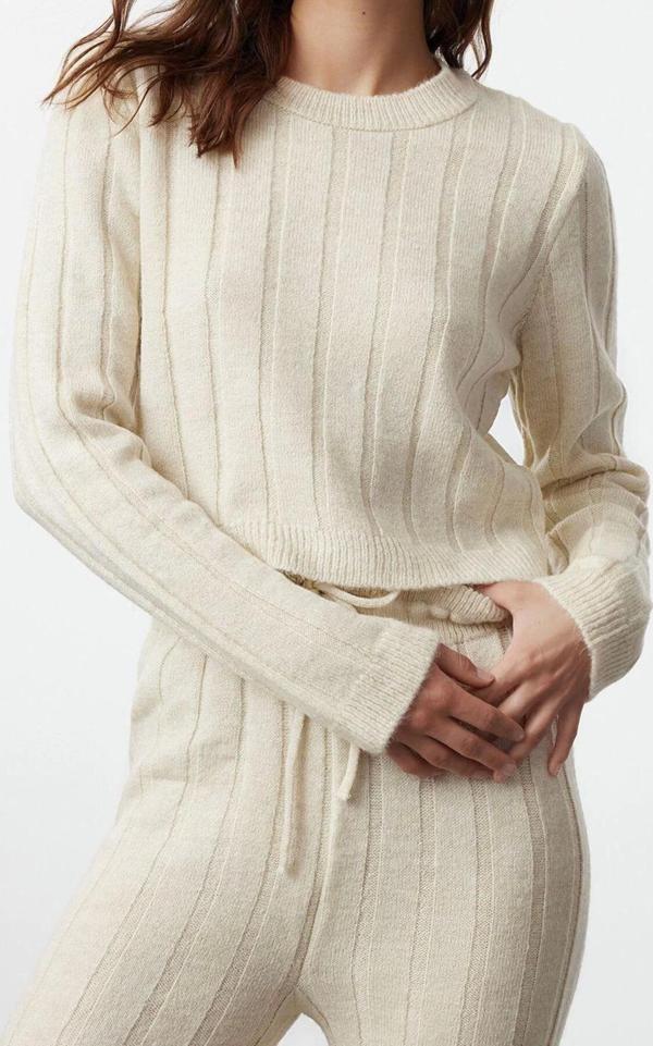 Tarz Kadın Modern Moda Normal Bel Boru Paça Bisiklet Yaka Crop Kazak-Pantolon Triko Alt-Üst Takım - Image 1