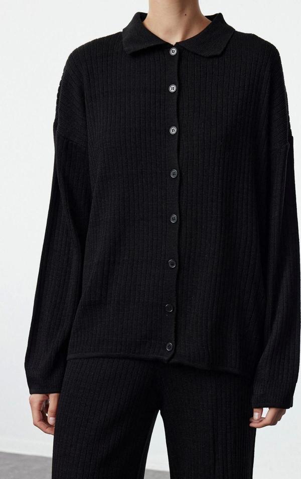 Tarz Kadın Modern Moda Normal Bel Boru Paça Polo Yaka Basic Polo Yaka Triko Alt-Üst Takım - Image 1