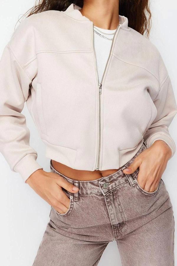 Tasarım Düz Astarlı Yaka Crop Bol Hakim Kadın Oversize Süet Bomber Ceket Mont - Image 1
