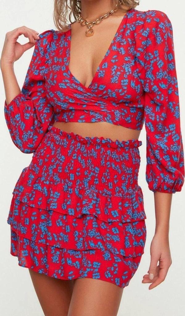 Moda Dokuma Baskılı Bisiklet Yaka Günlük Ev Dokuma Fırfırlı Bluz Etek Takım - Image 1