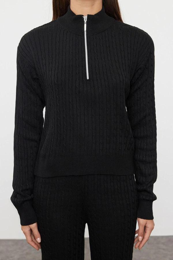 Tarz Kadın Modern Moda Normal Bel Boru Paça Dik Yaka Fermuarlı Triko Alt-Üst Takım - Image 1