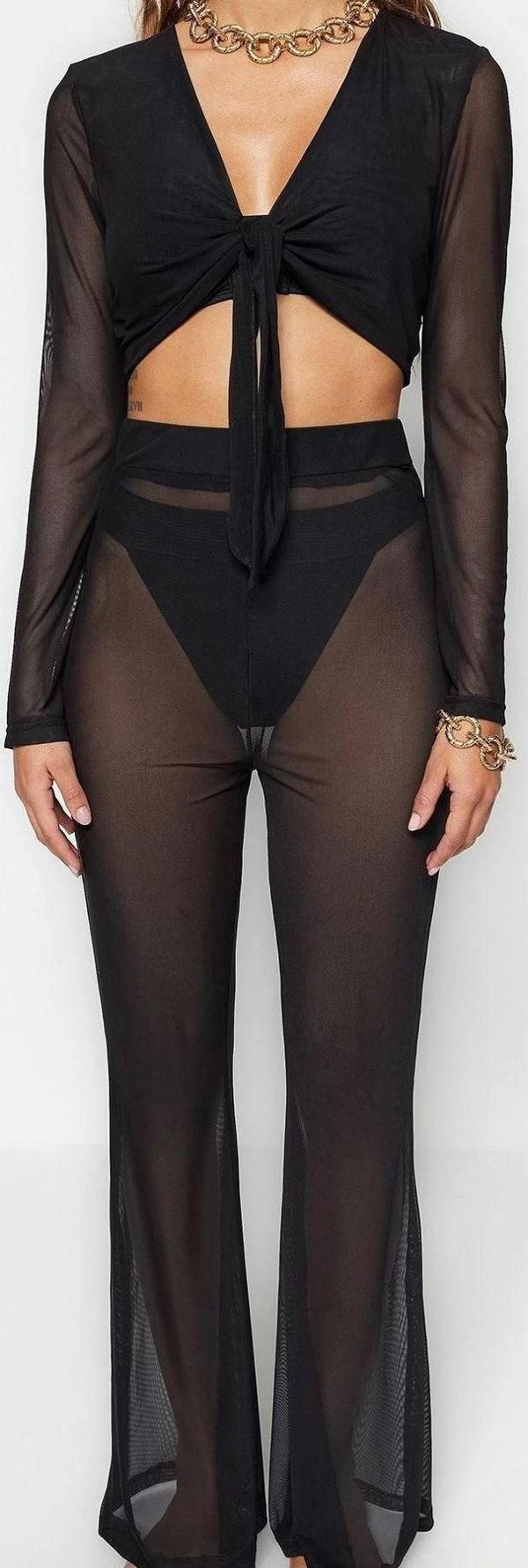 Moda Dokuma Geometrik V Yaka Plaj Siyah Örme Bağlamalı Mesh Bluz Pantolon Takım - Image 1