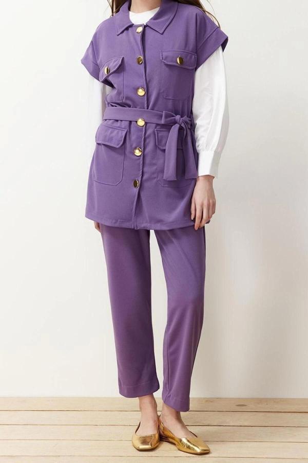 Moda Düz Gömlek Yaka Casual Günlük Vizon Altın Düğmeli Yelek-Pantolon Örme Alt Üst Takım - Image 1