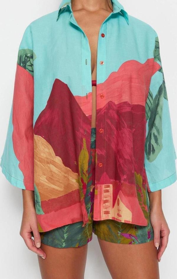 Moda Manzara Gömlek Yaka Düşük Kol Plaj Manzara Desenli Dokuma %100 Pamuklu Gömlek Şort Takım - Image 1