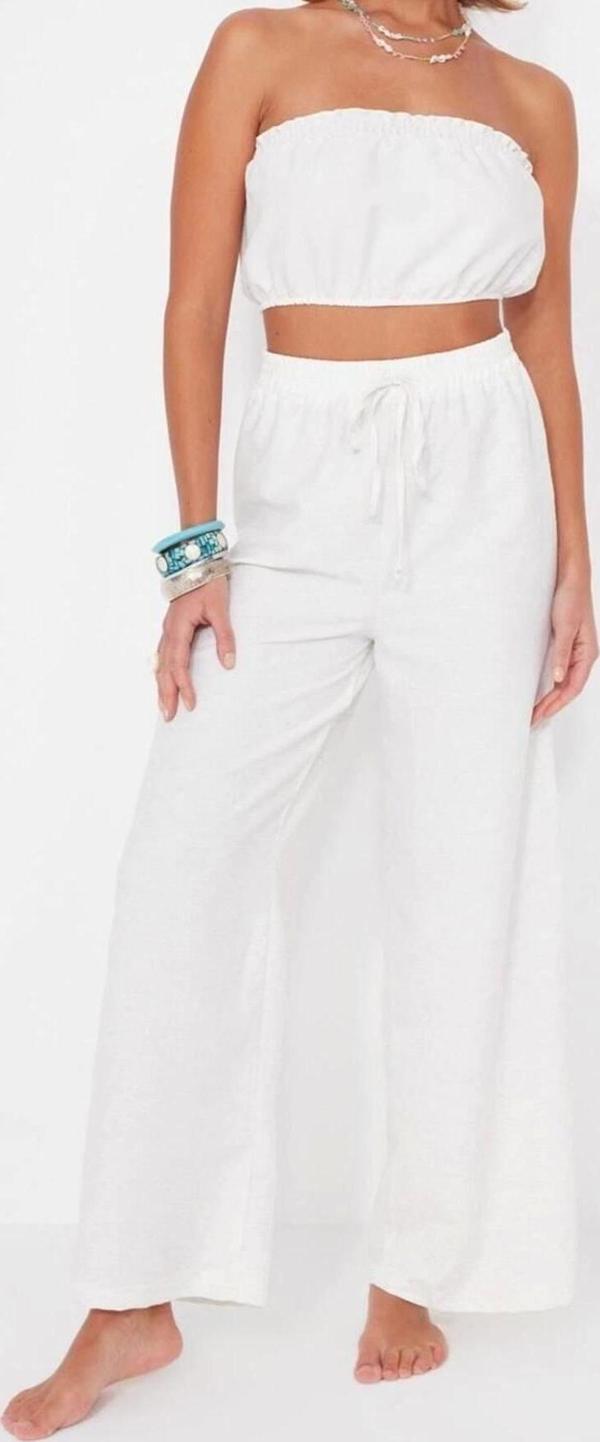 Moda Dokuma Yüksek Bel Düz Straplez Plaj Beyaz Dokuma Bluz Pantolon Takım - Image 1