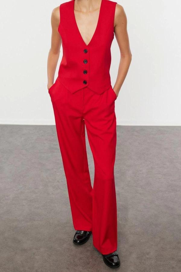 Tarz Kadın Normal Bel Geniş Paça V Yaka Regular Dokuma Yelek Wide Leg Geniş Paça Pantolon Takım - Image 1