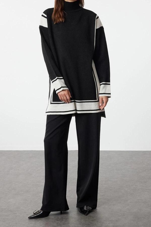 Moda Triko Dik Yaka Düşük Kol Casual Günlük Siyah Rahat Kesim Triko Tunik-Pantolon Alt-Üst Takım - Image 1