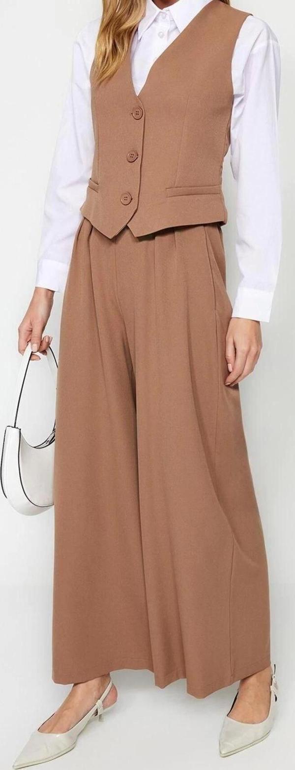Moda Dokuma Düz V Yaka Casual Günlük Yelek-Pantolon Dokuma Alt-Üst Takım - Image 1
