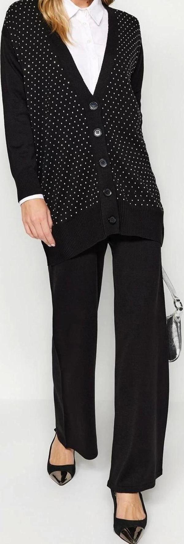 Moda Triko Düz V Yaka Düşük Kol Casual Günlük Taşlı Hırka-Pantolon Triko Alt-Üst Takım - Image 1