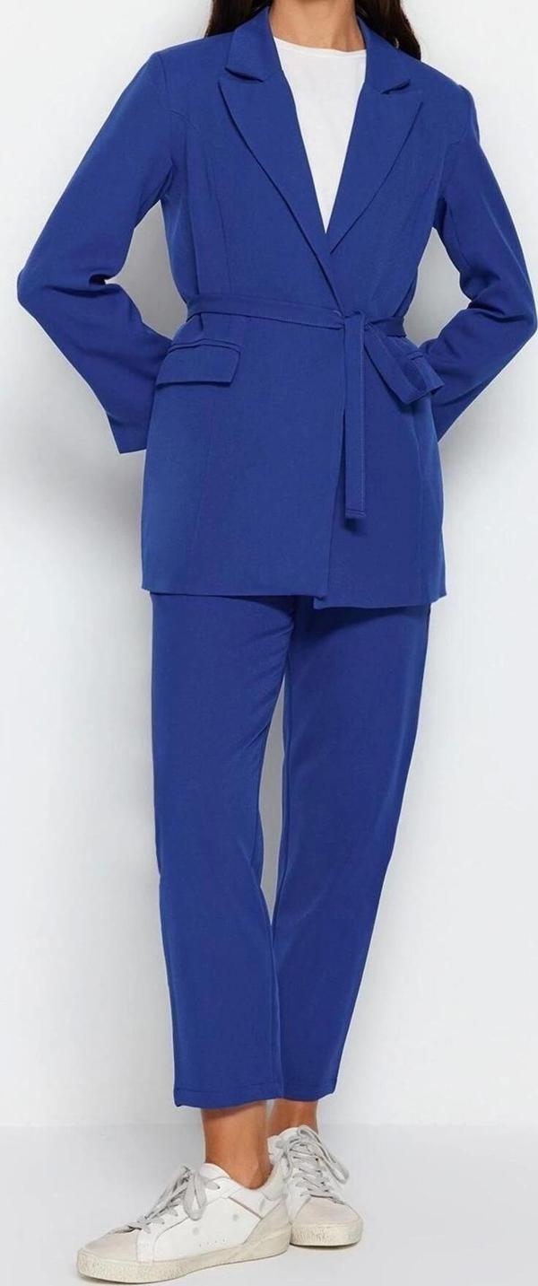 Moda Yüksek Bel Ceket Yaka Günlük Bağlama Detaylı Astarlı Krep Ceket-Pantolon Dokuma Alt-Üst Takım - Image 1