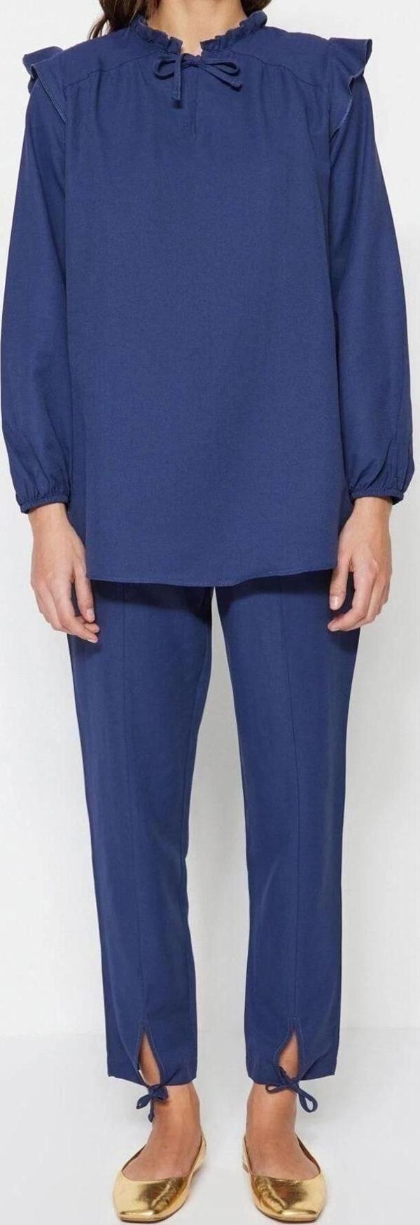 Moda Yüksek Bel Düz Bisiklet Yaka Balon Kol Casual Günlük Denim Görünümlü Tunik-Pantolon Takım - Image 1