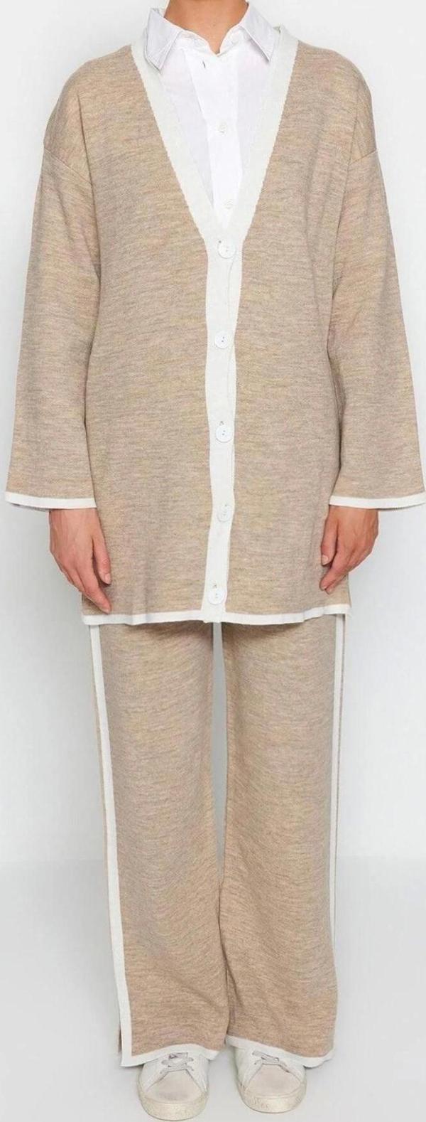 Moda Renk Bloklu Bisiklet Yaka İspanyol Kol Günlük Oversize Triko Hırka Pantolon Alt Üst Takım - Image 1