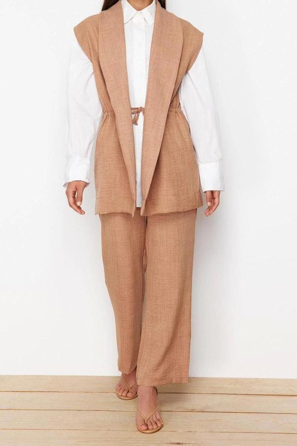 Moda Yüksek Bel Ceket Yaka Düşük Kol İçten Bağlamalı Keten Görünümlü Kimono-Pantolon Dokuma Takım - Image 1