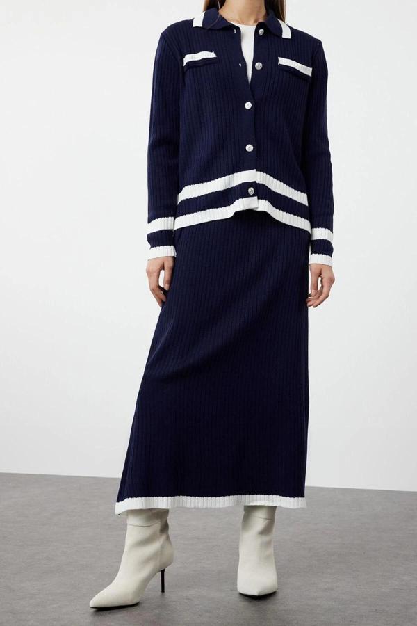 Moda Renk Bloklu Polo Yaka Casual Günlük Renk Bloklu Triko Hırka Etek Alt-Üst Takım - Image 1