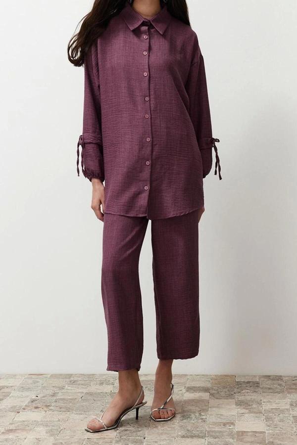 Moda Dokuma Düz Düşük Kol Casual Günlük Pudra Keten Görünümlü Dokuma Alt-Üst Takım - Image 1